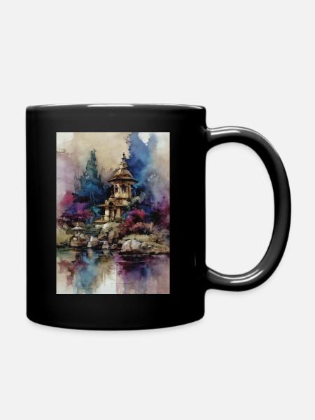 Aquarellgarten der blauen Pagode - Tasse einfarbig - Schwarz