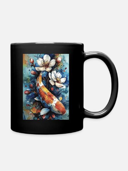 Aquarell-Koi und Blumen - Tasse einfarbig - Schwarz