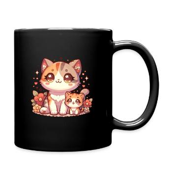 Mignon Chat Famille avec Fleurs - Affectueux - Mug uni - noir - Droite