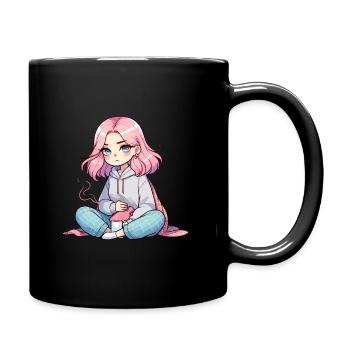 Fille animée confortable avec des cheveux roses et du thé - Mug uni - noir - Droite