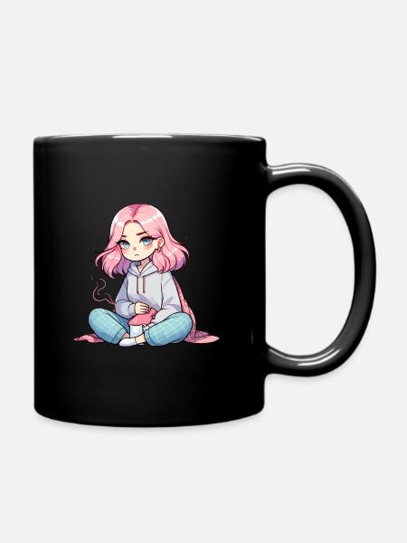Fille animée confortable avec des cheveux roses et du thé - Mug uni - noir