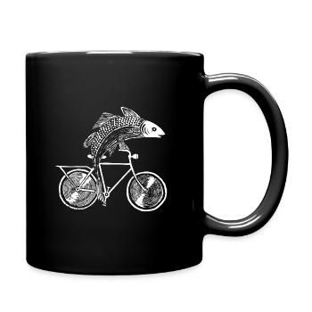 Poisson avec vélo /motif en noir, blanc et bleu - Mug uni - noir - Droite
