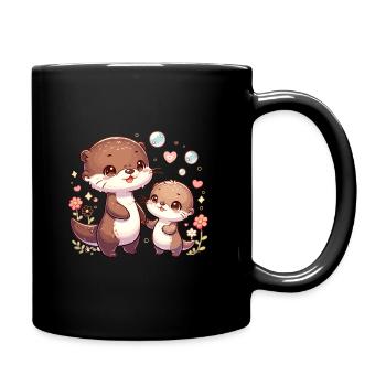 Niedliche Otterfamilie mit Blumen und Blasen - Tasse einfarbig - Schwarz - Rechts