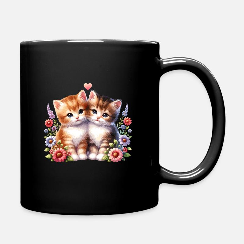 Niedliche Katzen mit Blumen und Herz - Tasse einfarbig - Schwarz