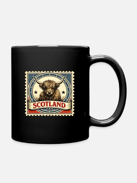 Highland Cow Scotland Vintage-Briefmarke - Tasse einfarbig - Schwarz