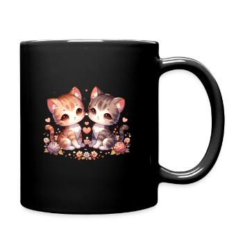 Niedliche Katzen mit Herzen und Blumen - Tasse einfarbig - Schwarz - Rechts