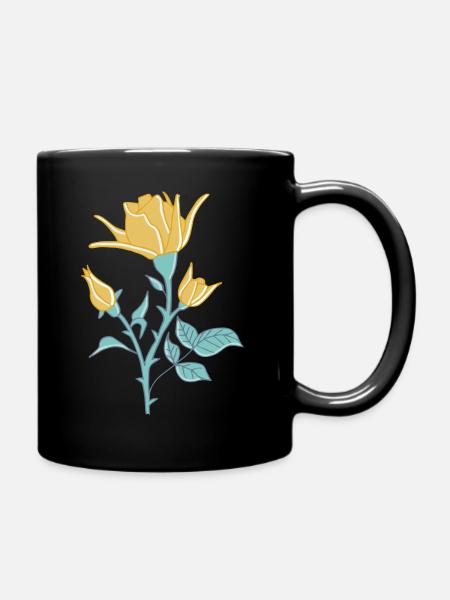 rose jaune avec des feuilles vert turquoise - Mug uni - noir