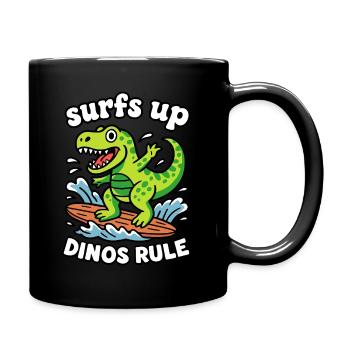 Surfender Dino Cartoon Fun - Tasse einfarbig - Schwarz - Rechts