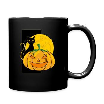 Kürbis und schwarze Katze Halloween - Tasse einfarbig - Schwarz - Rechts
