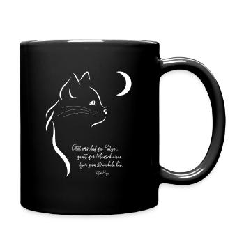 Katze weiss Mond Zeichnung lustiger Spruch - Tasse einfarbig - Schwarz - Rechts