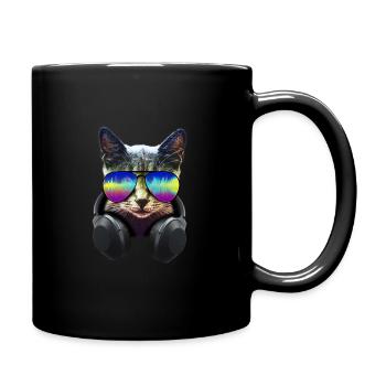 Katze mit Kopfhörer und cooler Sonnen Brille - Tasse einfarbig - Schwarz - Rechts