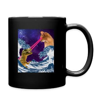Japan Comic Great Wave Cat Vs Dinoaur T-Rex Otaku - Tasse einfarbig - Schwarz - Rechts