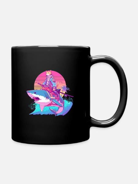 Samurai Cat on a Shark 80s - Full Colour Mug - black