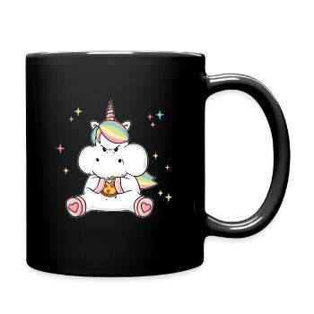 Dickes Einhorn ißt Pizza Lustig Adipositas Humor - Tasse einfarbig - Schwarz - Rechts