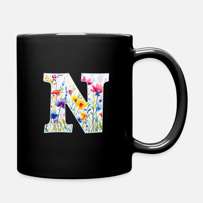 Letter N, Monogram, Floral Pattern - Full Colour Mug - black