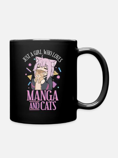 Manga Anime Kawaii Otaku Girl who loves Cats Japan - Full Colour Mug - black