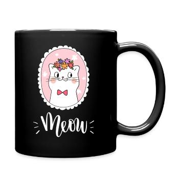 Niedliche Kawaii lustige Katze mit Blumen, die Miauen sagen - Tasse einfarbig - Schwarz - Rechts