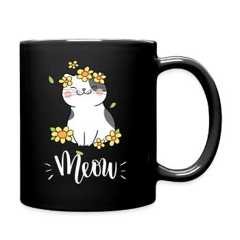 Chat mignon kawaii drôle avec des tournesols disant miaulement - Mug uni - noir - Droite