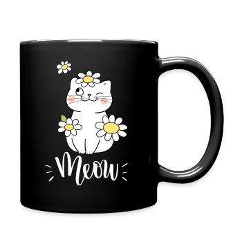 Chat mignon kawaii drôle avec des tournesols disant miaulement - Mug uni - noir - Droite