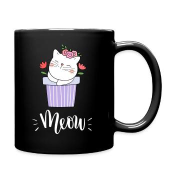 Niedliche Kawaii lustige Katze mit Blumen, die Miauen sagen - Tasse einfarbig - Schwarz - Rechts