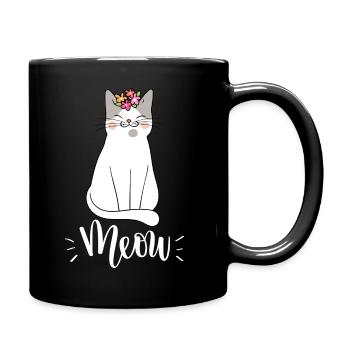 Niedliche Kawaii lustige Katze mit Blumen, die Miauen sagen - Tasse einfarbig - Schwarz - Rechts
