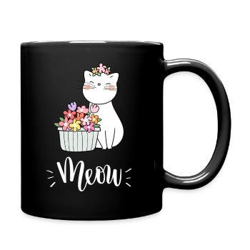 Niedliche Kawaii lustige Katze mit Blumen, die Miauen sagen - Tasse einfarbig - Schwarz - Rechts