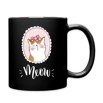Niedliche Kawaii lustige Katze mit Blumen, die Miauen sagen - Tasse einfarbig - Schwarz - Rechts