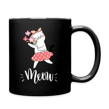 Niedliche Kawaii lustige Katze mit Blumen, die Miauen sagen - Tasse einfarbig - Schwarz - Rechts