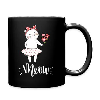 Niedliche Kawaii lustige Katze mit Blumen, die Miauen sagen - Tasse einfarbig - Schwarz - Rechts