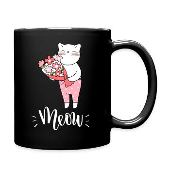 Niedliche Kawaii lustige Katze mit Blumen, die Miauen sagen - Tasse einfarbig - Schwarz - Rechts