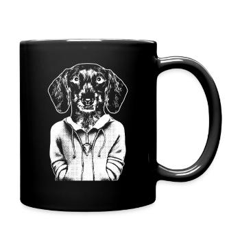 Teckel, avec veste à capuche, et regard fidèle. - Mug uni - noir - Droite