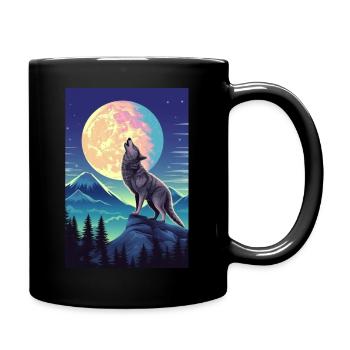 Forêt avec pleine lune et loup hurlant - Mug uni - noir - Droite