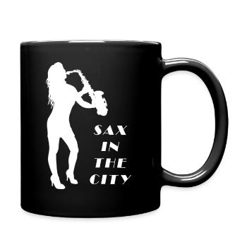 Saxophon in der Stadt, Saxophon und Tanz - Tasse einfarbig - Schwarz - Rechts