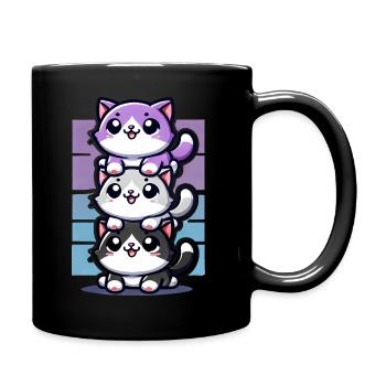 Cute Cats Stacked Together, Love Kawaii Cats - Full Colour Mug - black - Right