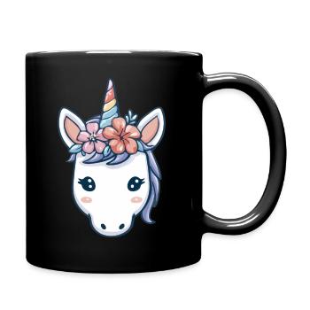 Einhornkopf mit Blumen, weiche Pastell-Fantasy-Kunst - Tasse einfarbig - Schwarz - Rechts