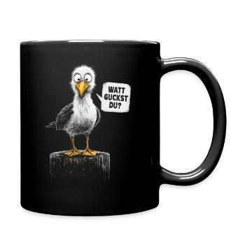 Watt guckst du? Freche Möwe – Nordsee Humor - Tasse einfarbig - Schwarz - Rechts