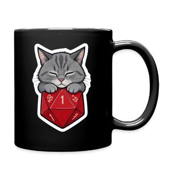 Sleeping Baby Cat on D20 Cube – Cartoon - Full Colour Mug - black - Right