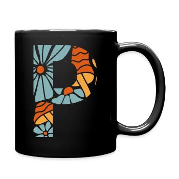 Buchstabe p groovige Blumen Geschenkidee - Tasse einfarbig - Schwarz - Rechts