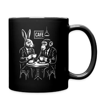 Cafe Rabbit and Monkey Portrait - Full Colour Mug - black - Right