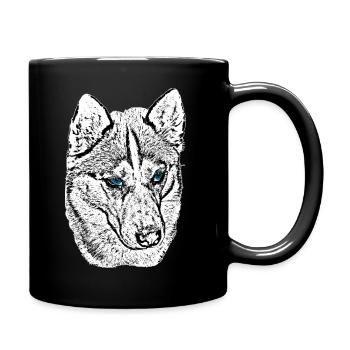 Wolfskopf Zeichnung Blaue Augen - Tasse einfarbig - Schwarz - Rechts