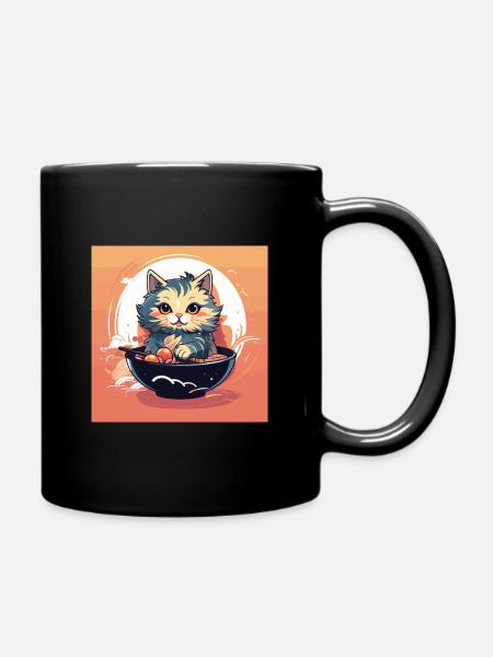 Maine coon cat eating ramen bright colours - Full Colour Mug - black