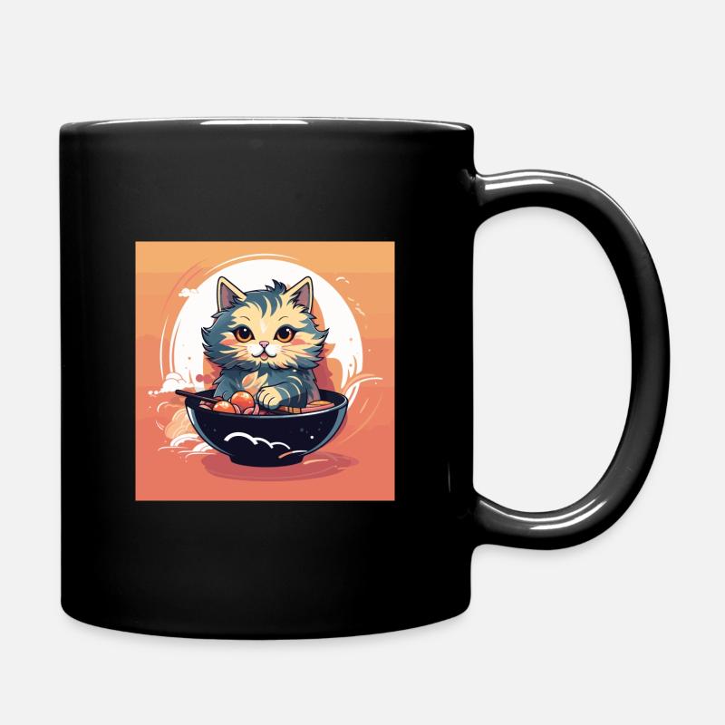 Maine coon cat eating ramen bright colours - Full Colour Mug - black