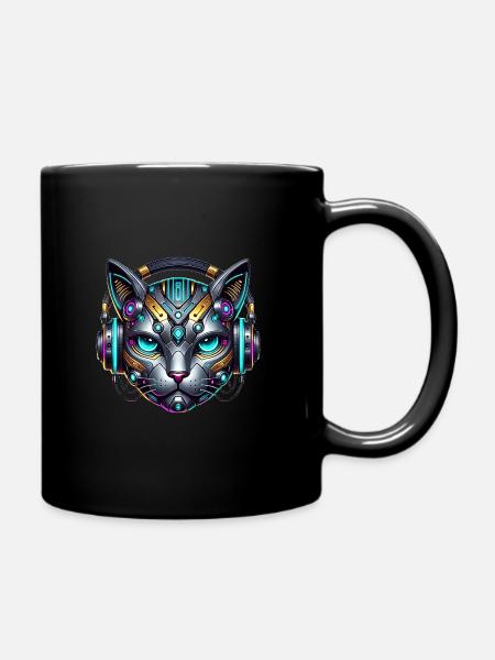Cyberpunk Katze mit Kopfhörern - Tasse einfarbig - Schwarz