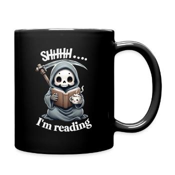 Sensenmann liest ein Buch mit Kaffee - Tasse einfarbig - Schwarz - Rechts