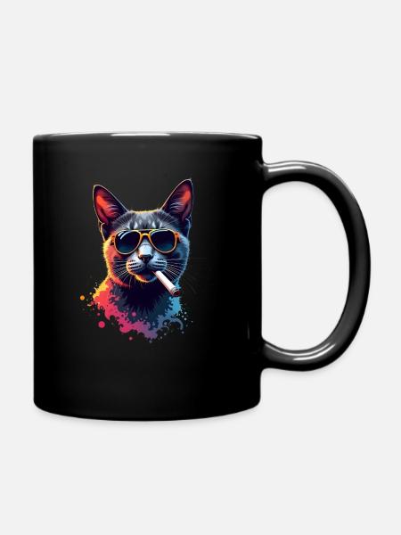 Cat with Sunglasses Animal Motif Smoking Cats - Full Colour Mug - black