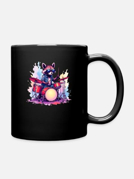 Waschbär Musik Drums Schlagzeug Waschbär - Tasse einfarbig - Schwarz
