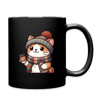 niedliche Katze mit Kaffee und Winteroutfit - Tasse einfarbig - Schwarz - Rechts