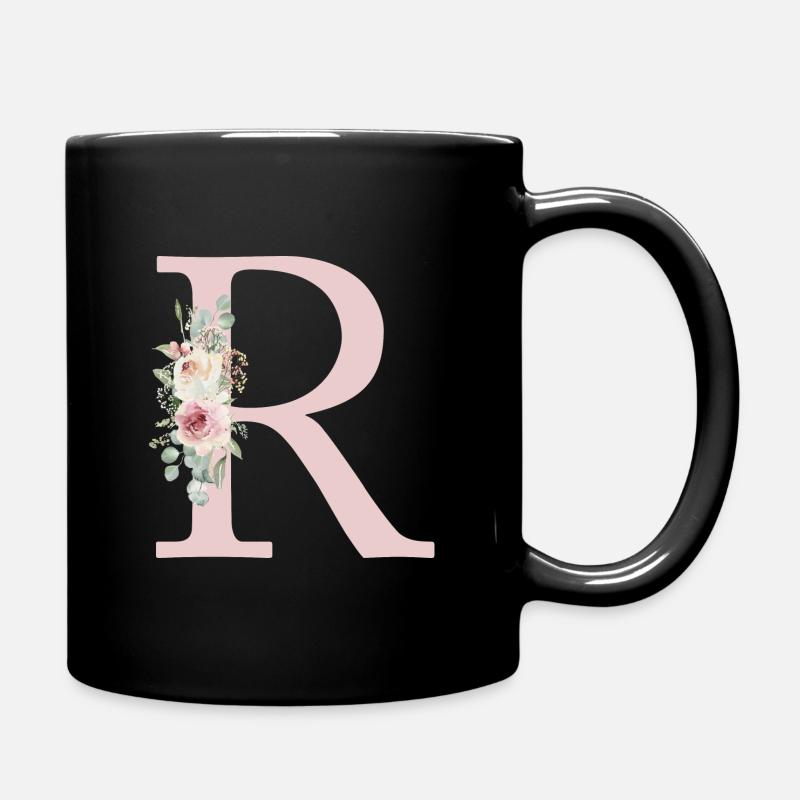 R| Monogramm | Eukalyptus-Pastell-Blumen-Blau - Tasse einfarbig - Schwarz