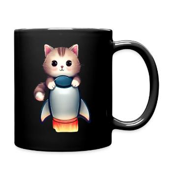 Adorable Cat Behind a Rocket - Full Colour Mug - black - Right