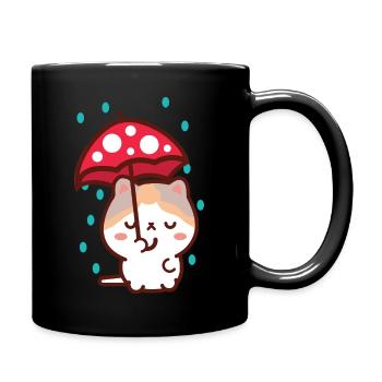 Cute Kawaii Cat Holding a Toadstool Umbrella Rain - Full Colour Mug - black - Right